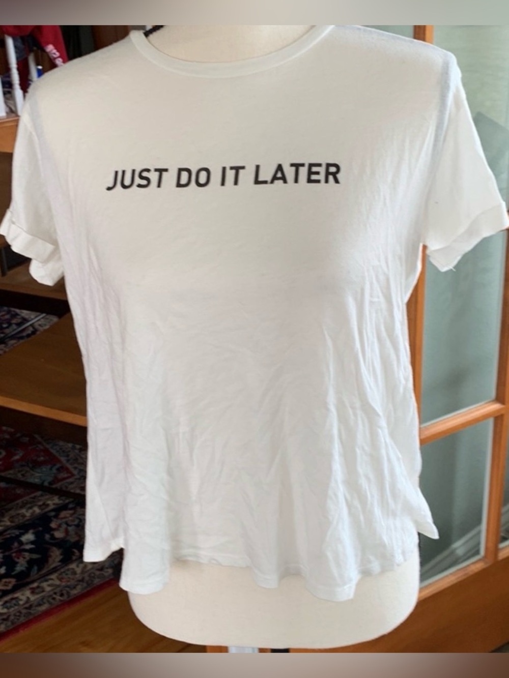 Just Do It Later Novelty Graphic T-Shirt White Lace Up Back Short Sleeve Size L